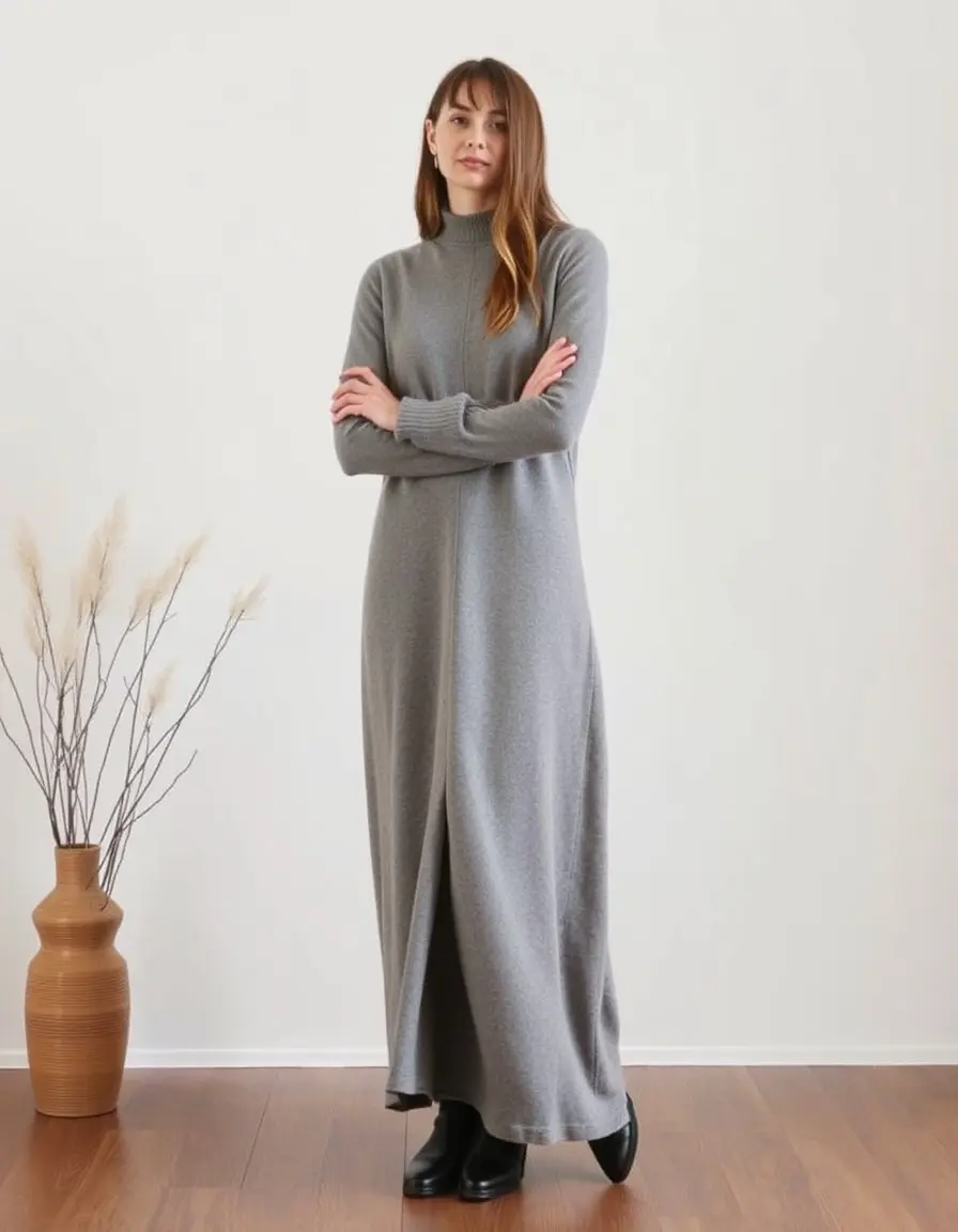 Longue robe manche longue en laine grise pour l'hiver
