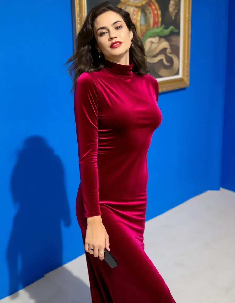Robe longue en velours bordeaux manches longues
