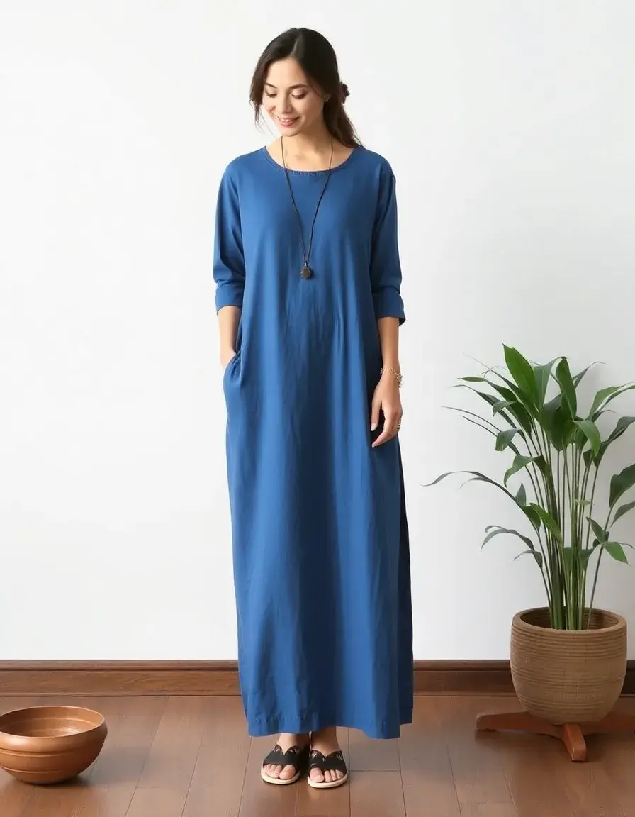 Robe maxi décontractée en coton bleu manches longues