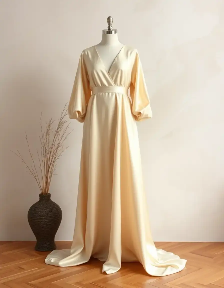 Robe longue en soie ivoire manches longues chic
