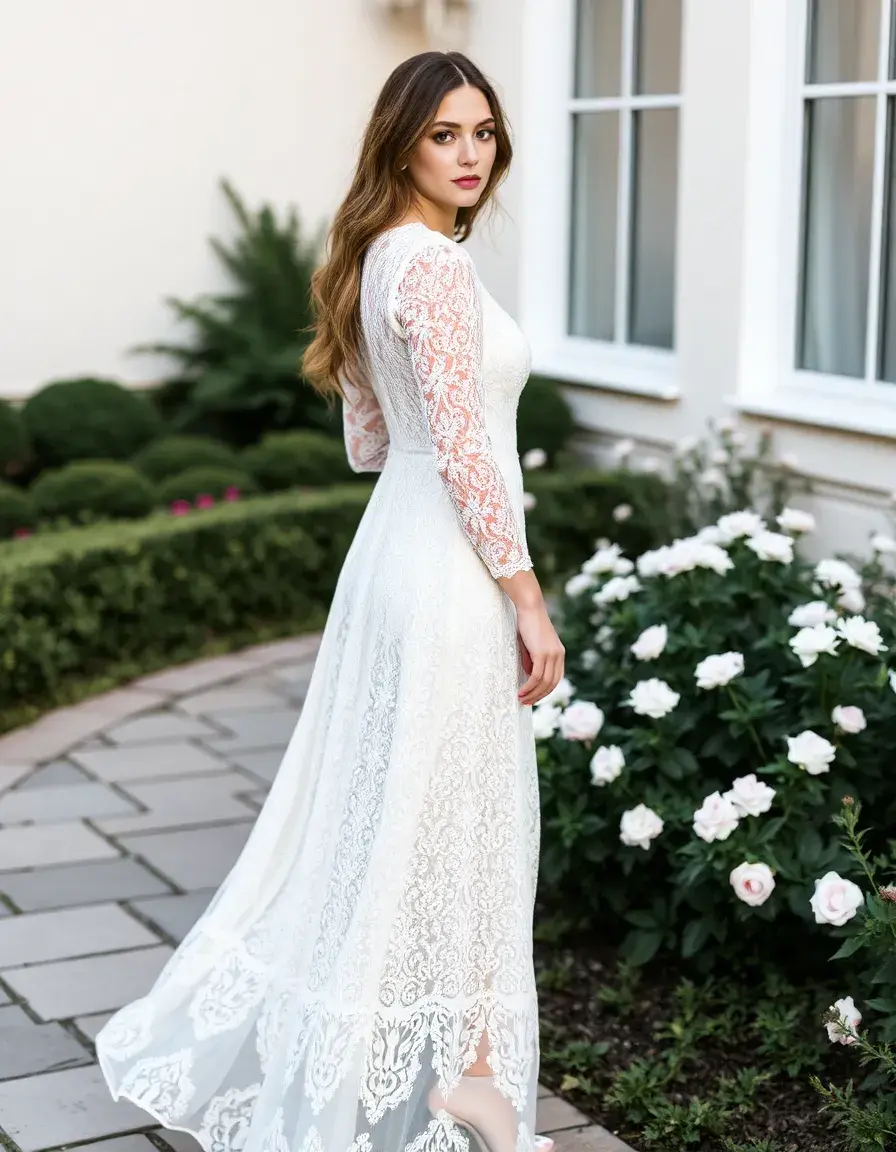Robe longue avec détails en dentelle et manches longues