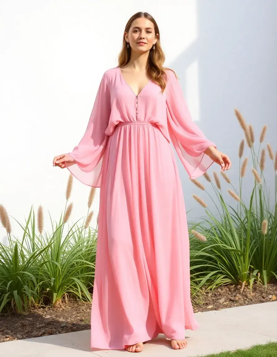 Robe maxi vaporeuse en mousseline rose manches longues