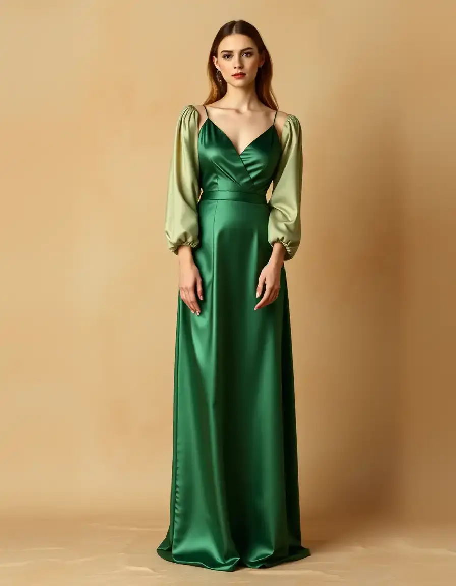 Robe longue en satin vert brillant manches longues