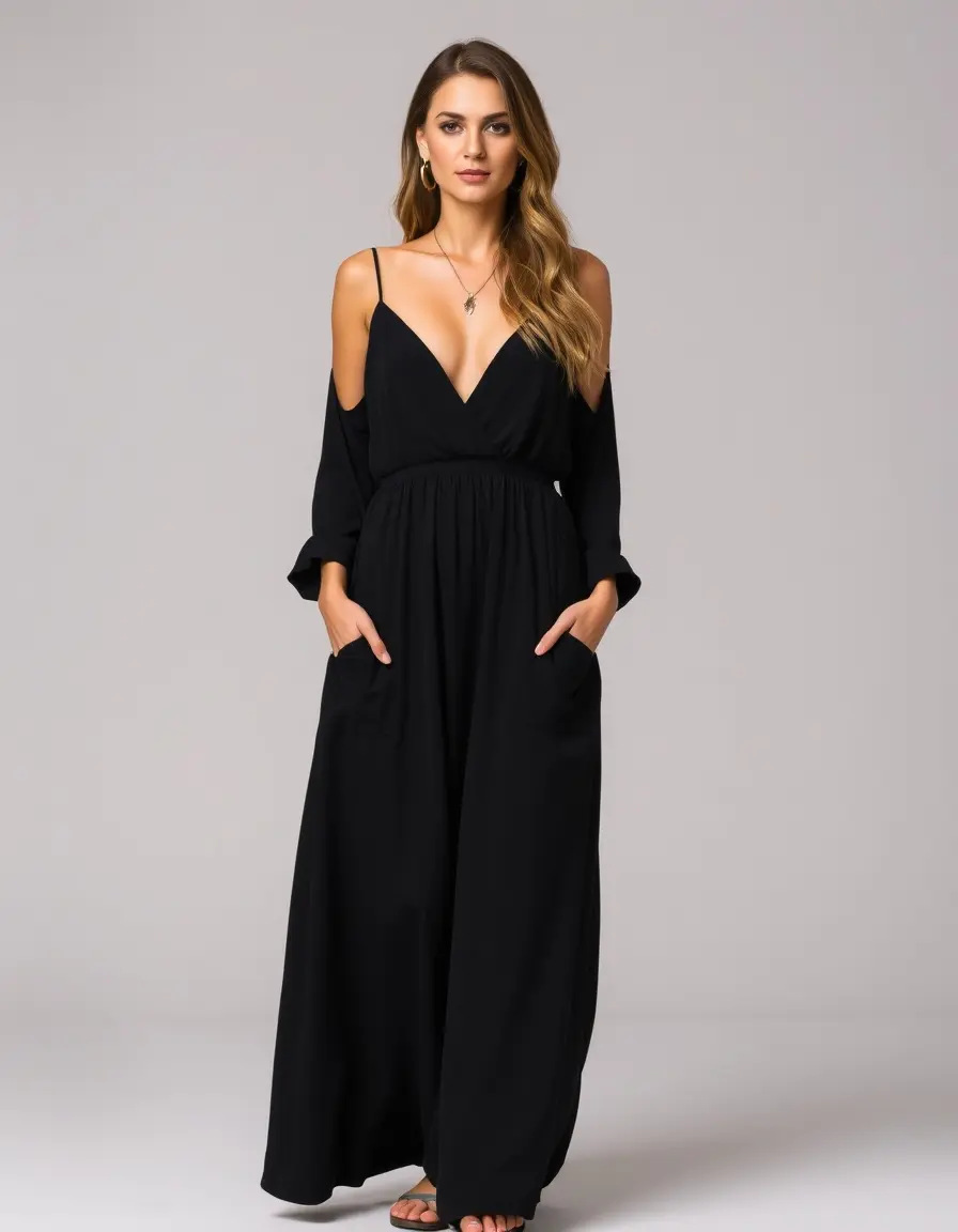 Maxi Black Long Dress col V élégante