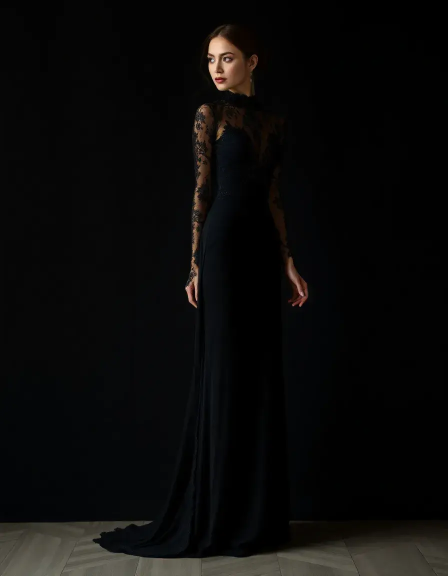 Gothic Black Long Dress avec dentelle