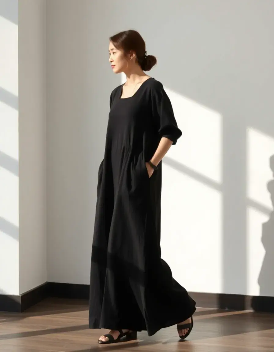 Casual Black Long Dress en coton