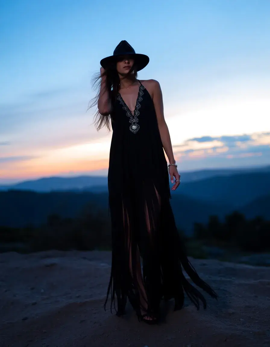 Bohemian Black Long Dress avec franges