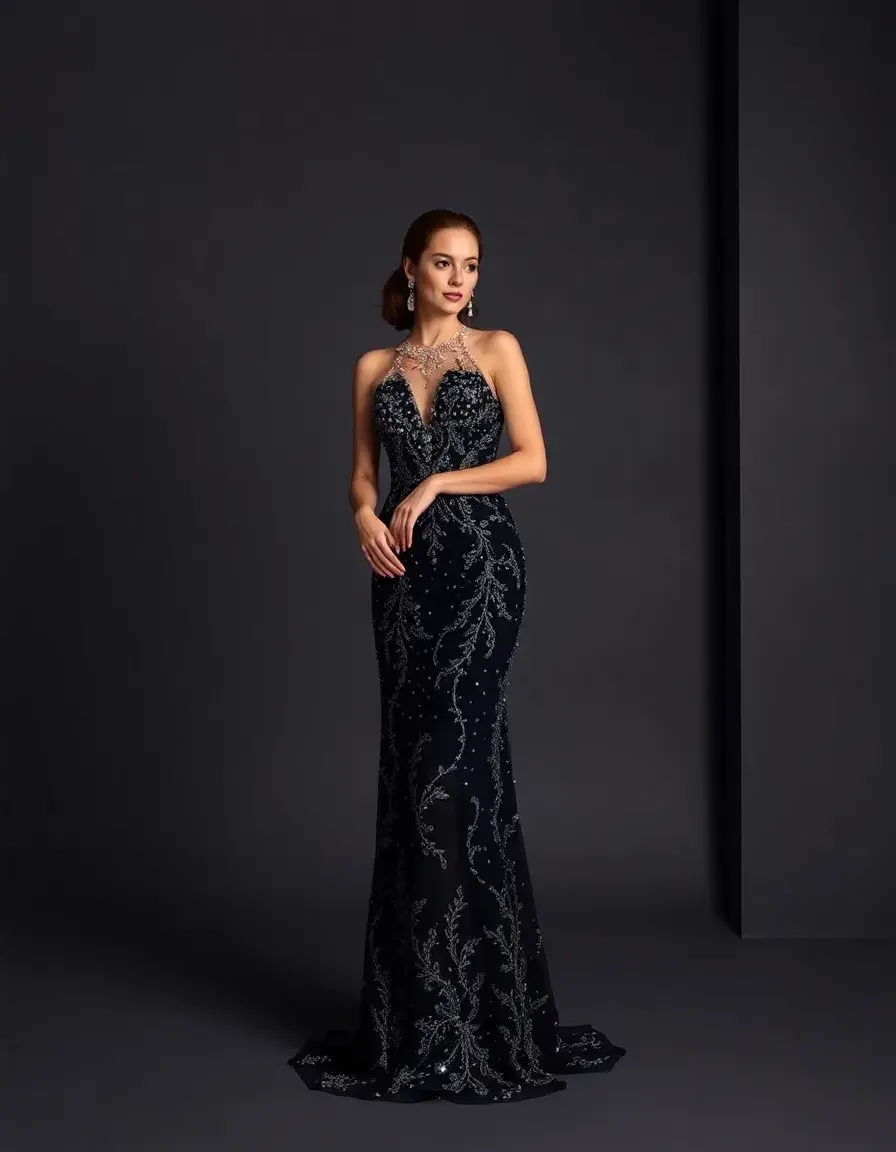 Robe de soirée noire à perles et broderies