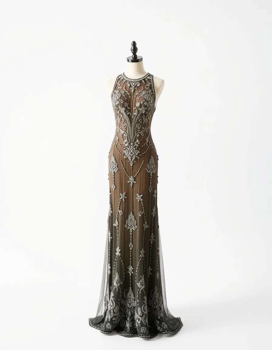 Robe longue perlée et brodée pour soirée de mariage