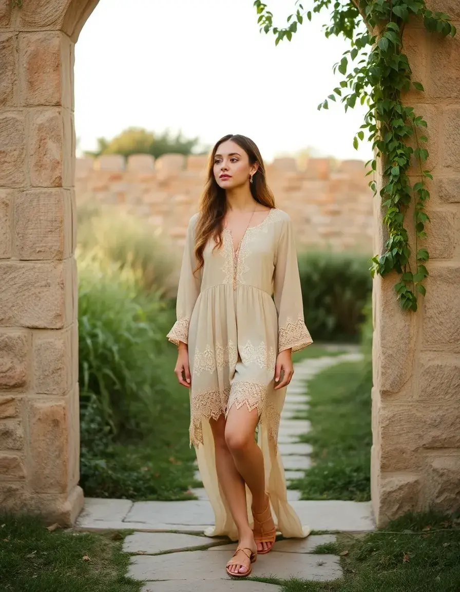 Robe bohème beige avec détails en dentelle