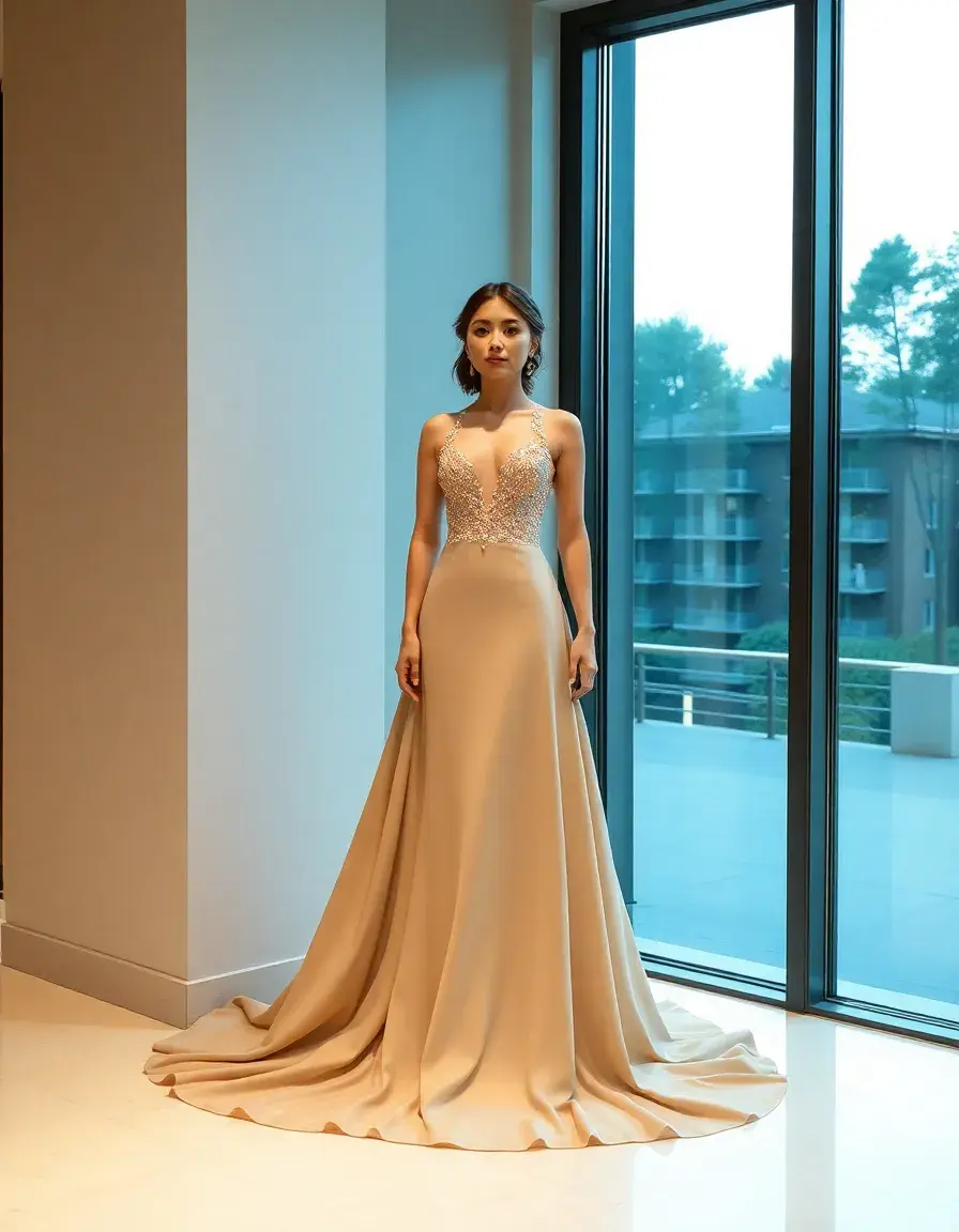 Robe de soirée beige longue et élégante