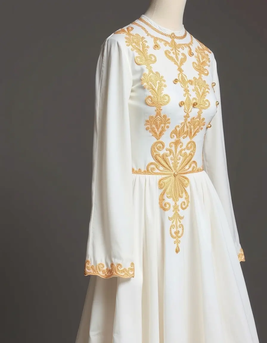 Robe blanche et dorée avec broderies élégantes