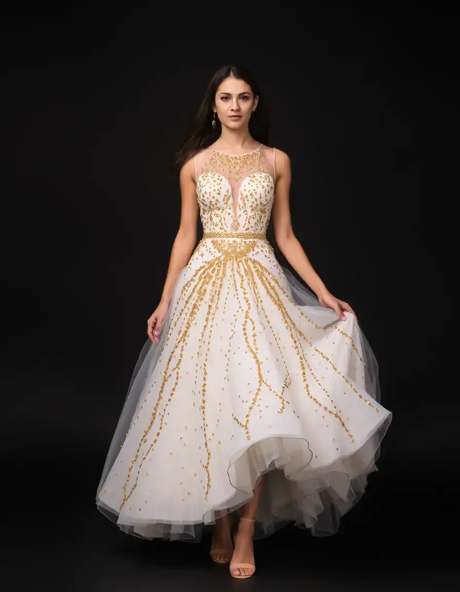 Robe blanche et dorée à sequins pour soirée