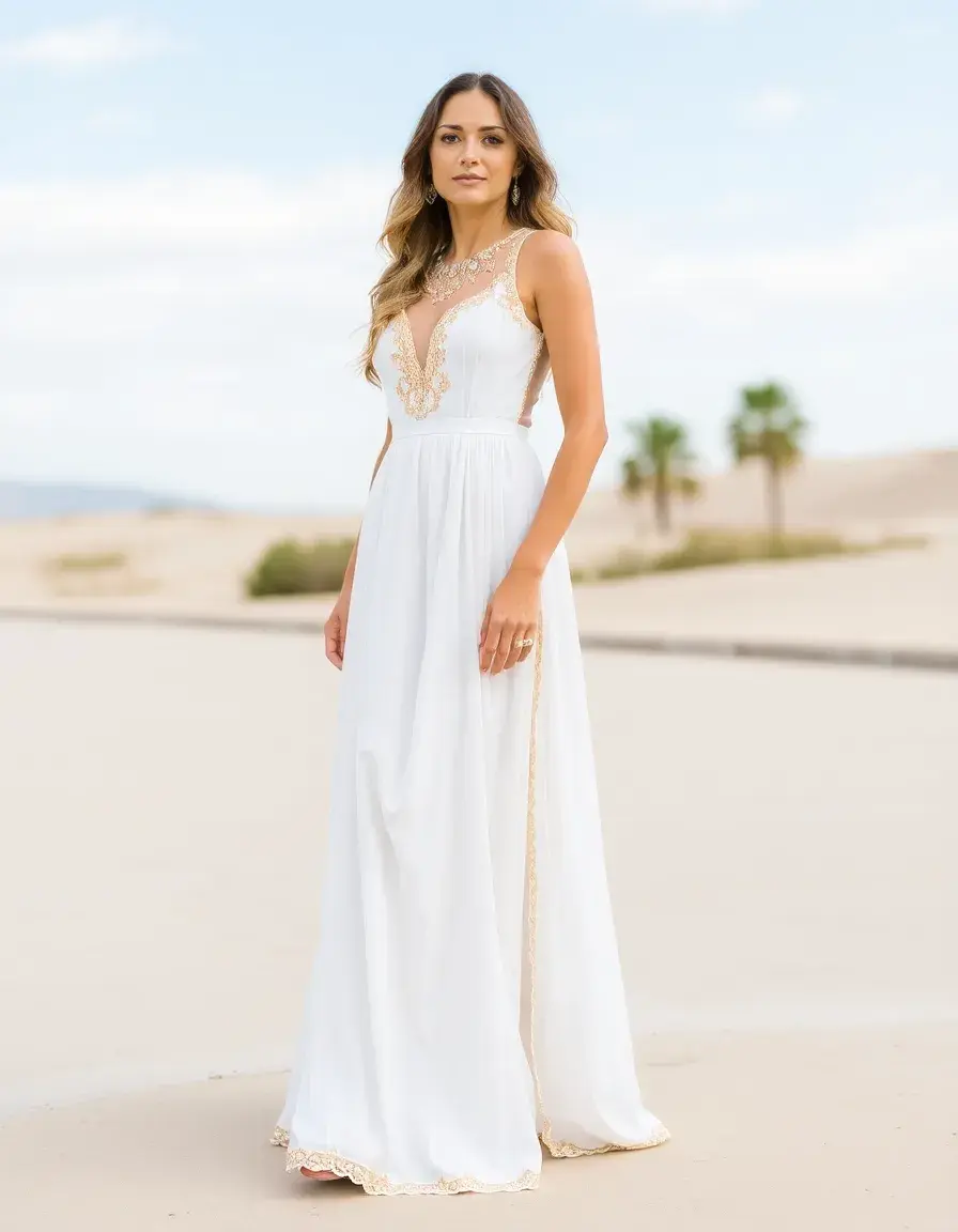 Longue robe maxi blanche et dorée fluide