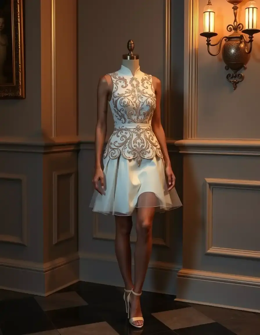Robe cocktail blanche et dorée courte et chic
