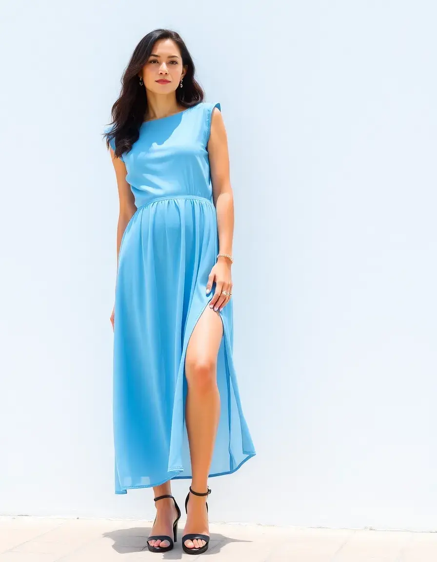 Robe midi bleu ciel avec manches