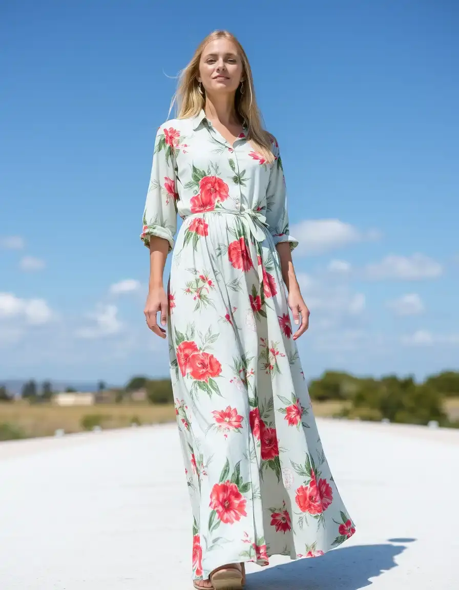 Robe chemise longue imprimée fleurs