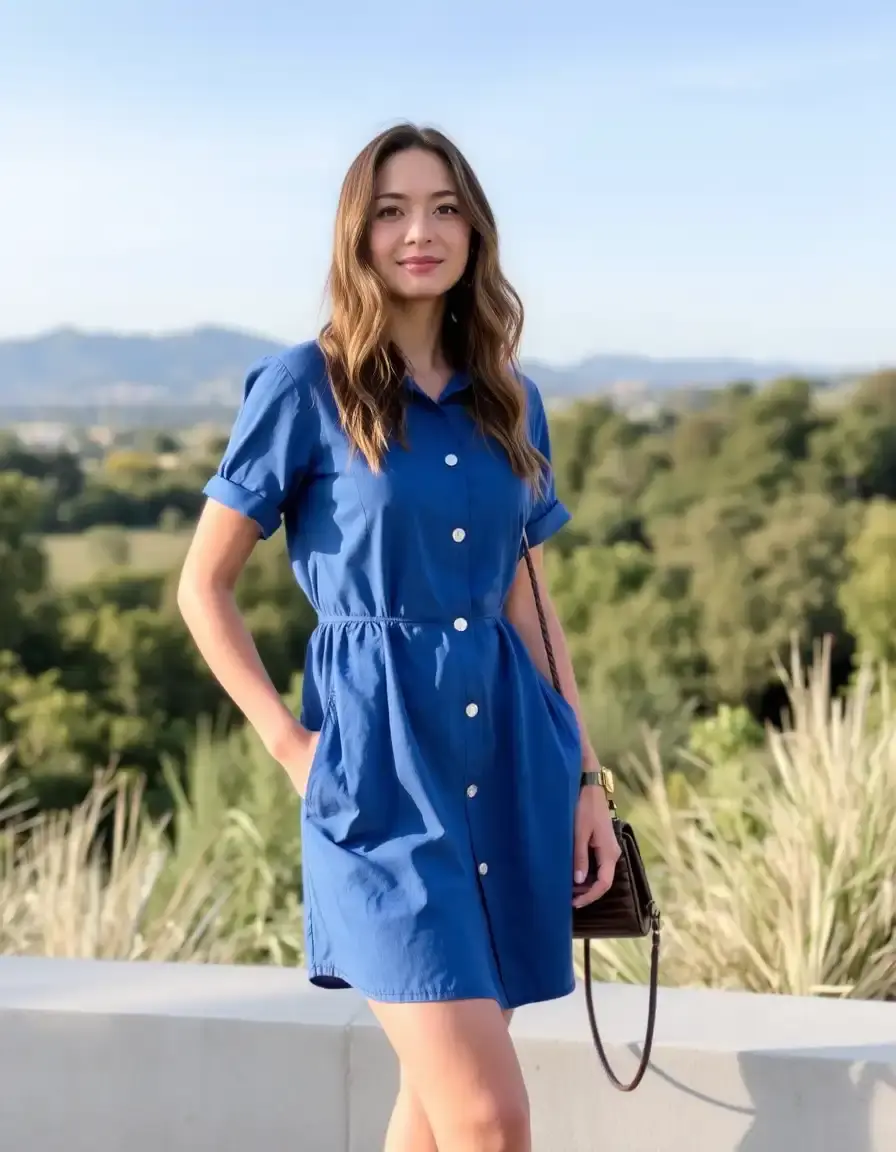 Robe chemise bleue manches courtes