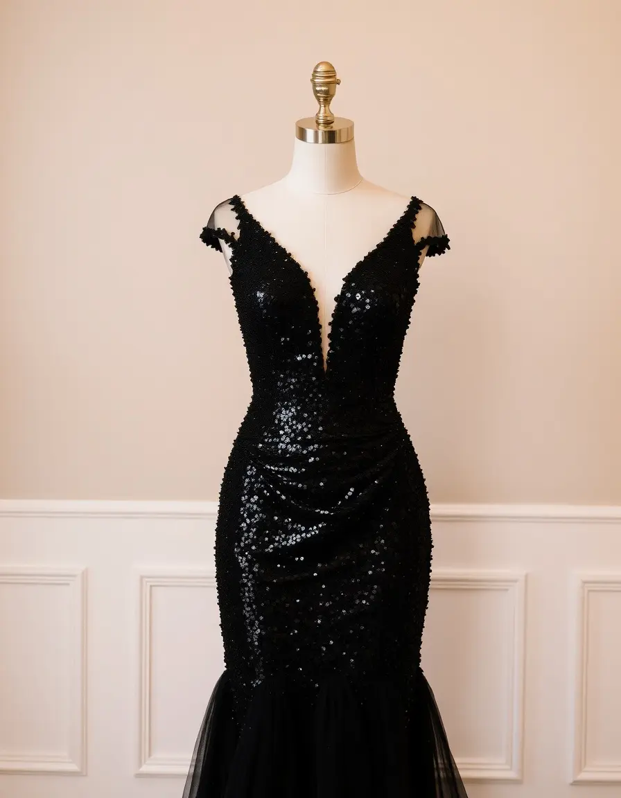 Robe de soirée noire à paillettes et sequins
