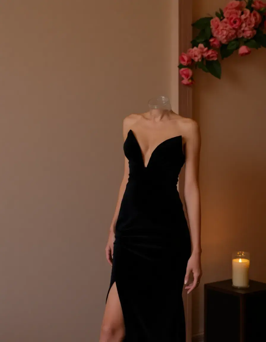 Robe de soirée noire en velours luxueux