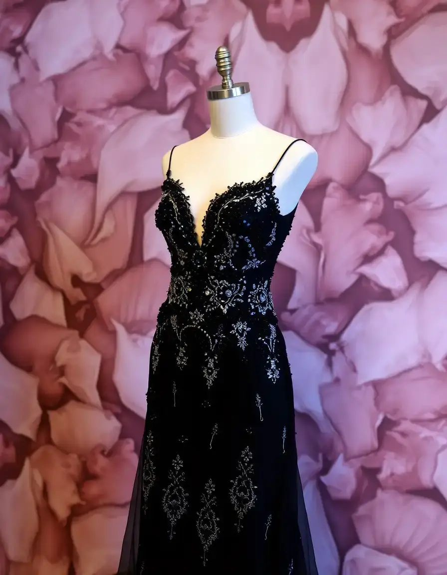 Robe de soirée noire avec perles et broderies
