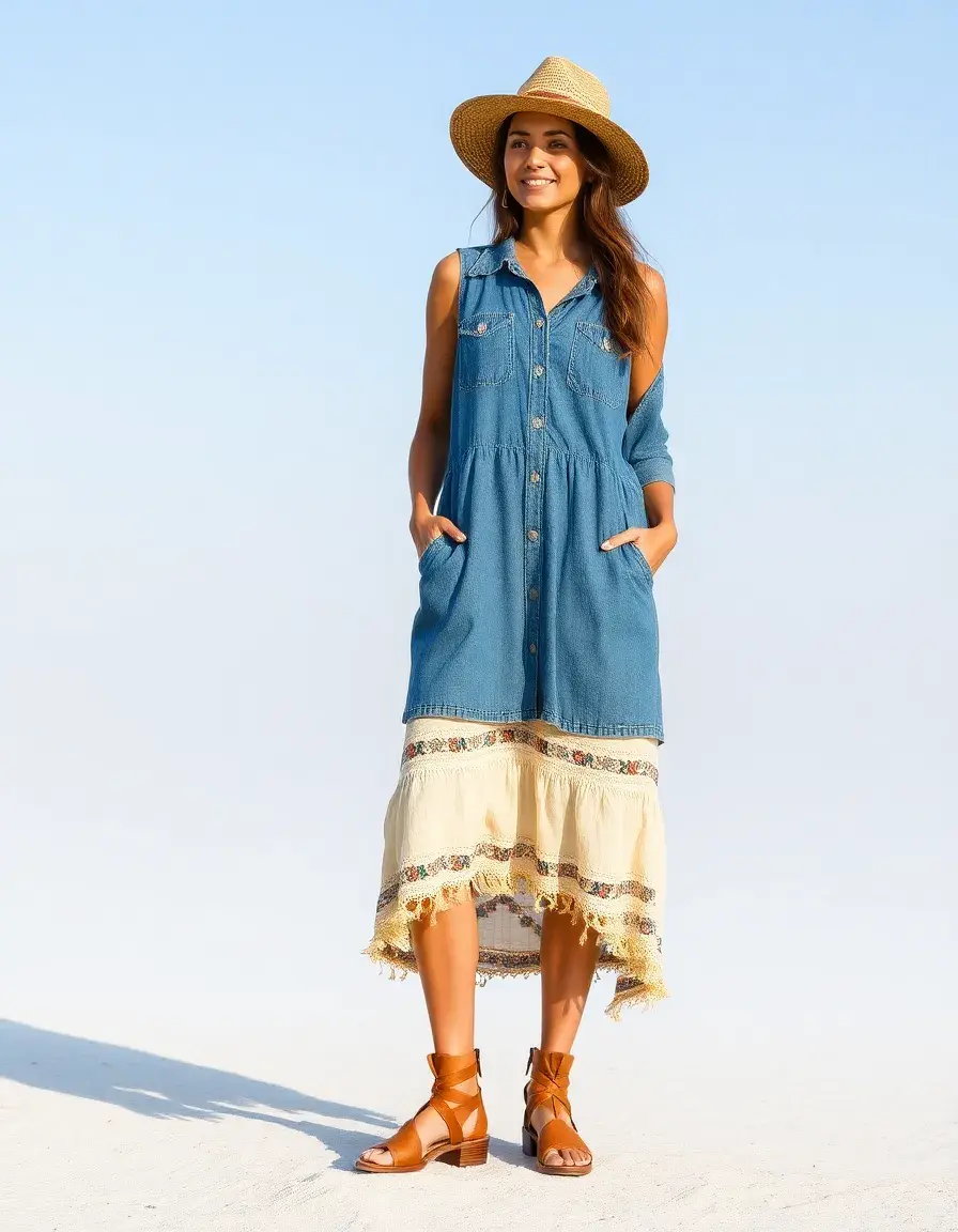 Robe jean femme style bohème avec volants
