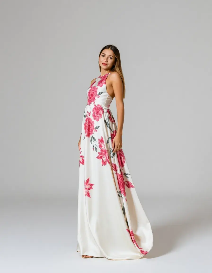 Robe longue en satin imprimée
