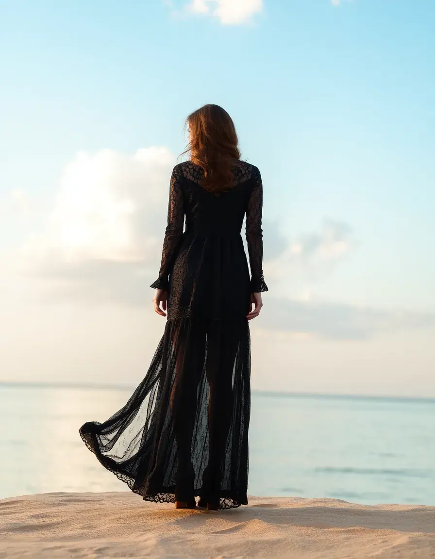 Robe longue en dentelle manches longues