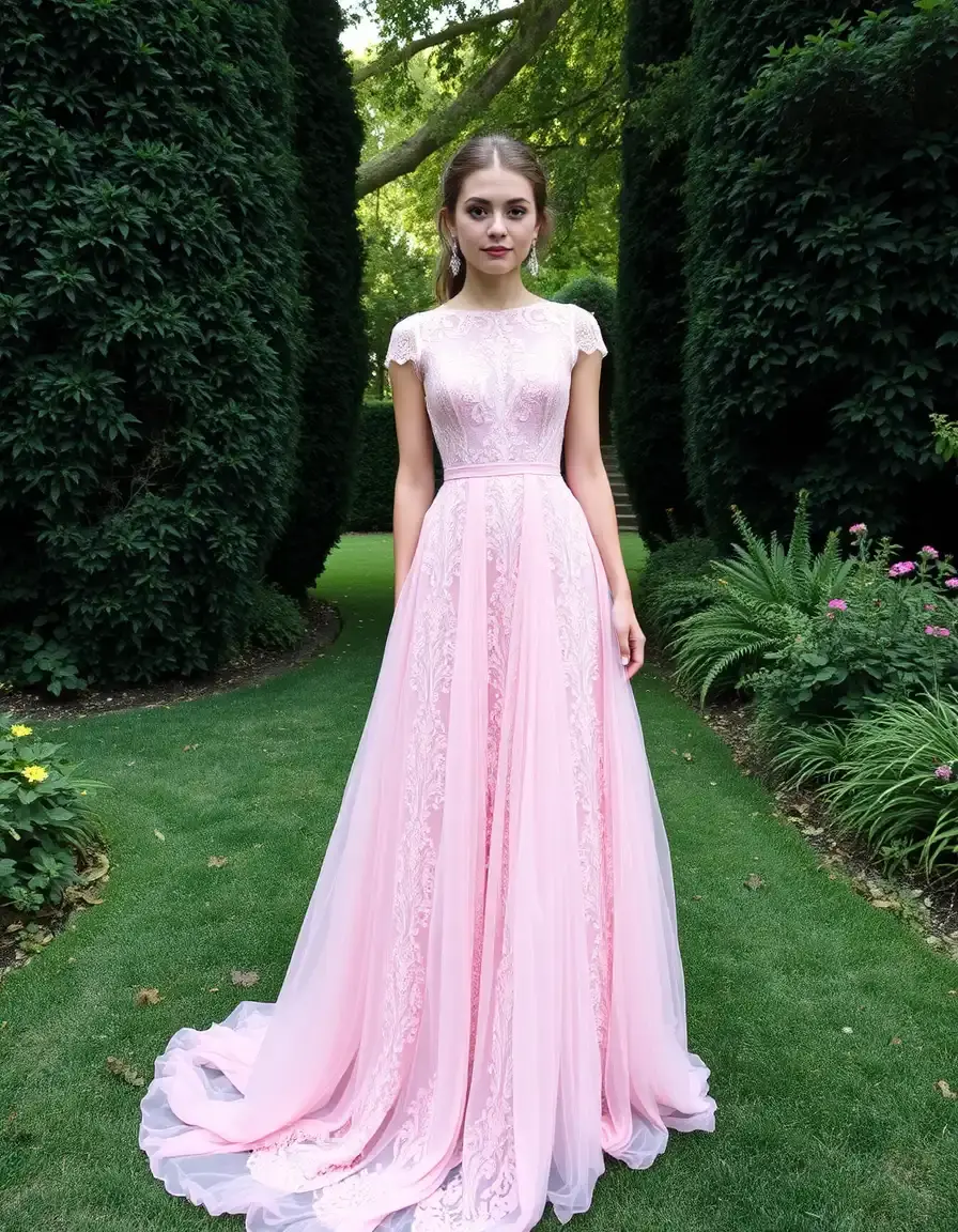 Robe longue rose en dentelle