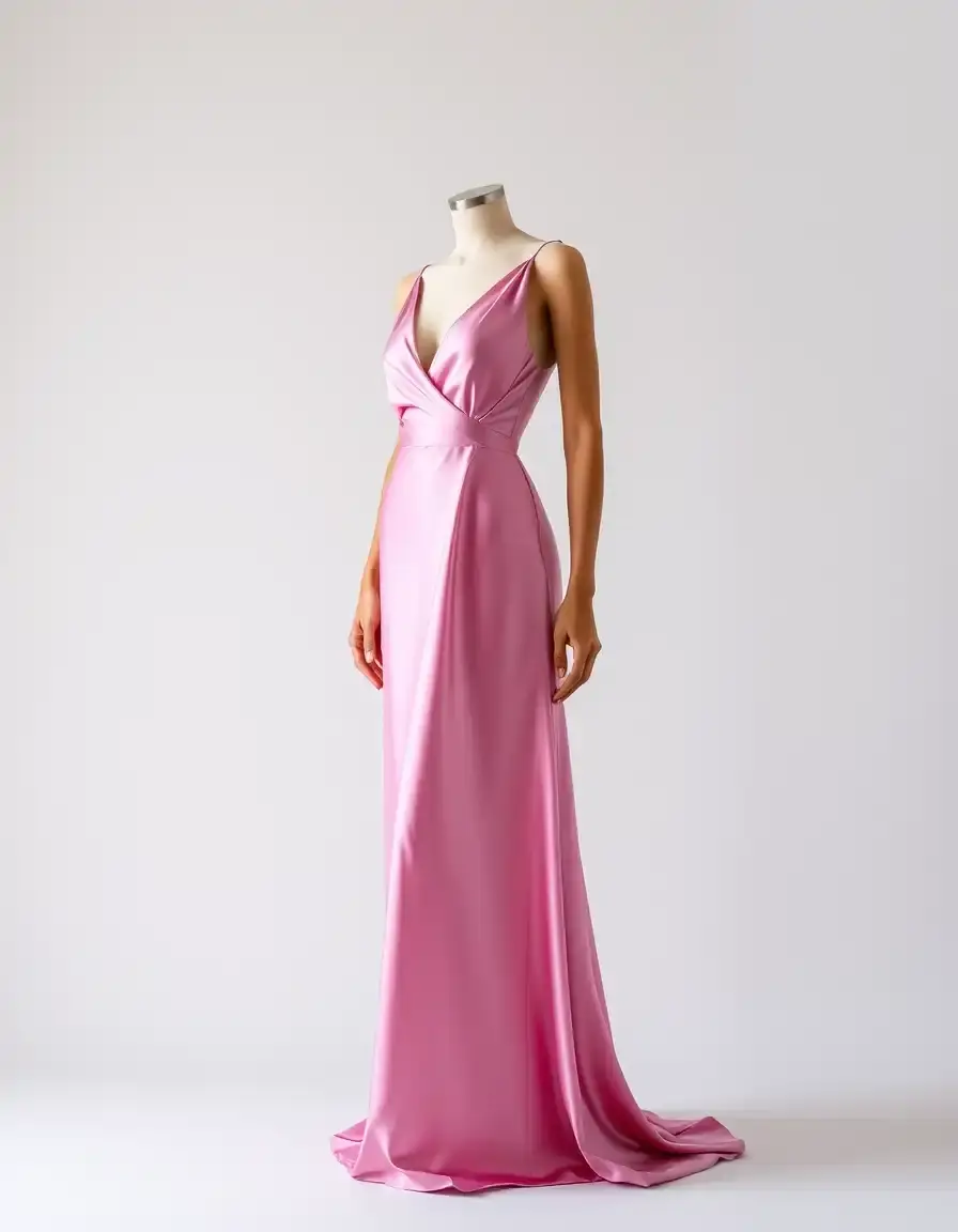 Robe longue rose en satin brillant