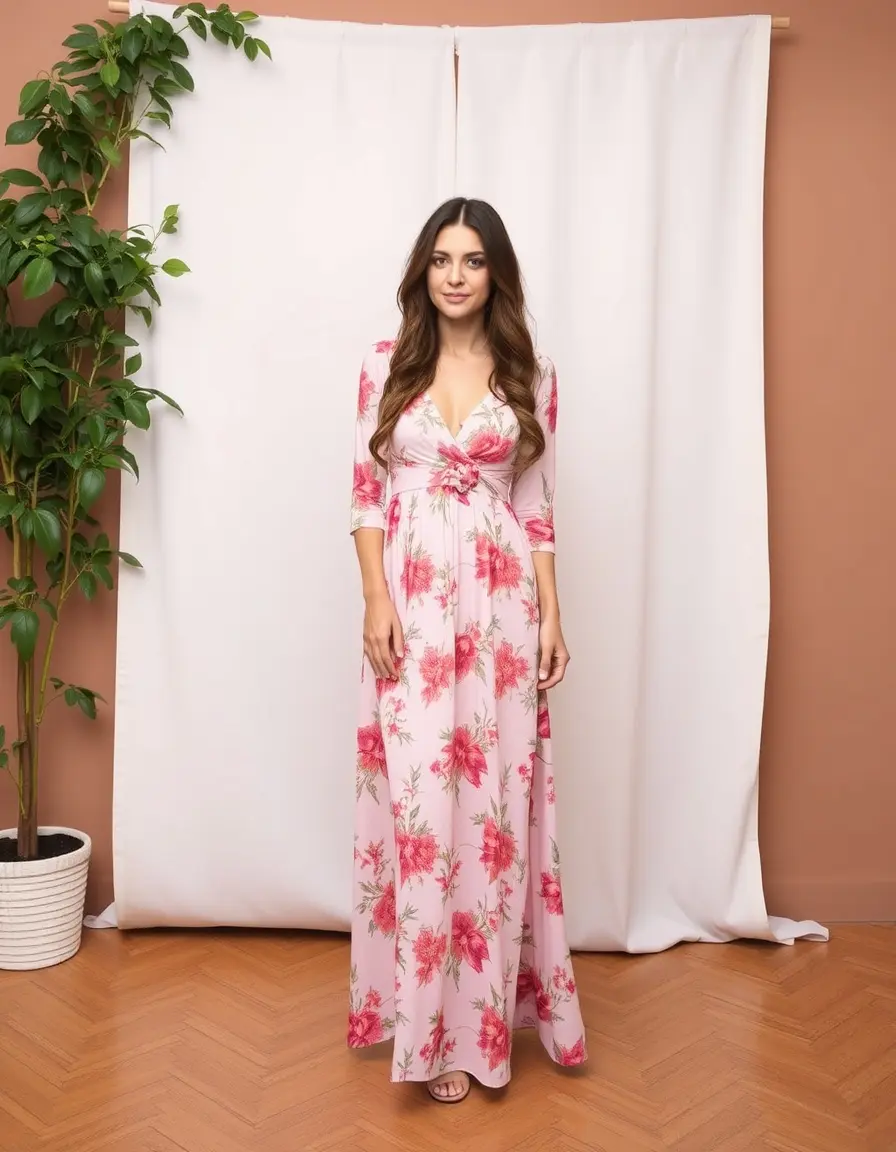 Robe longue rose à fleurs