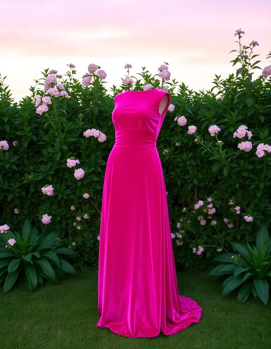 Robe longue rose en velours