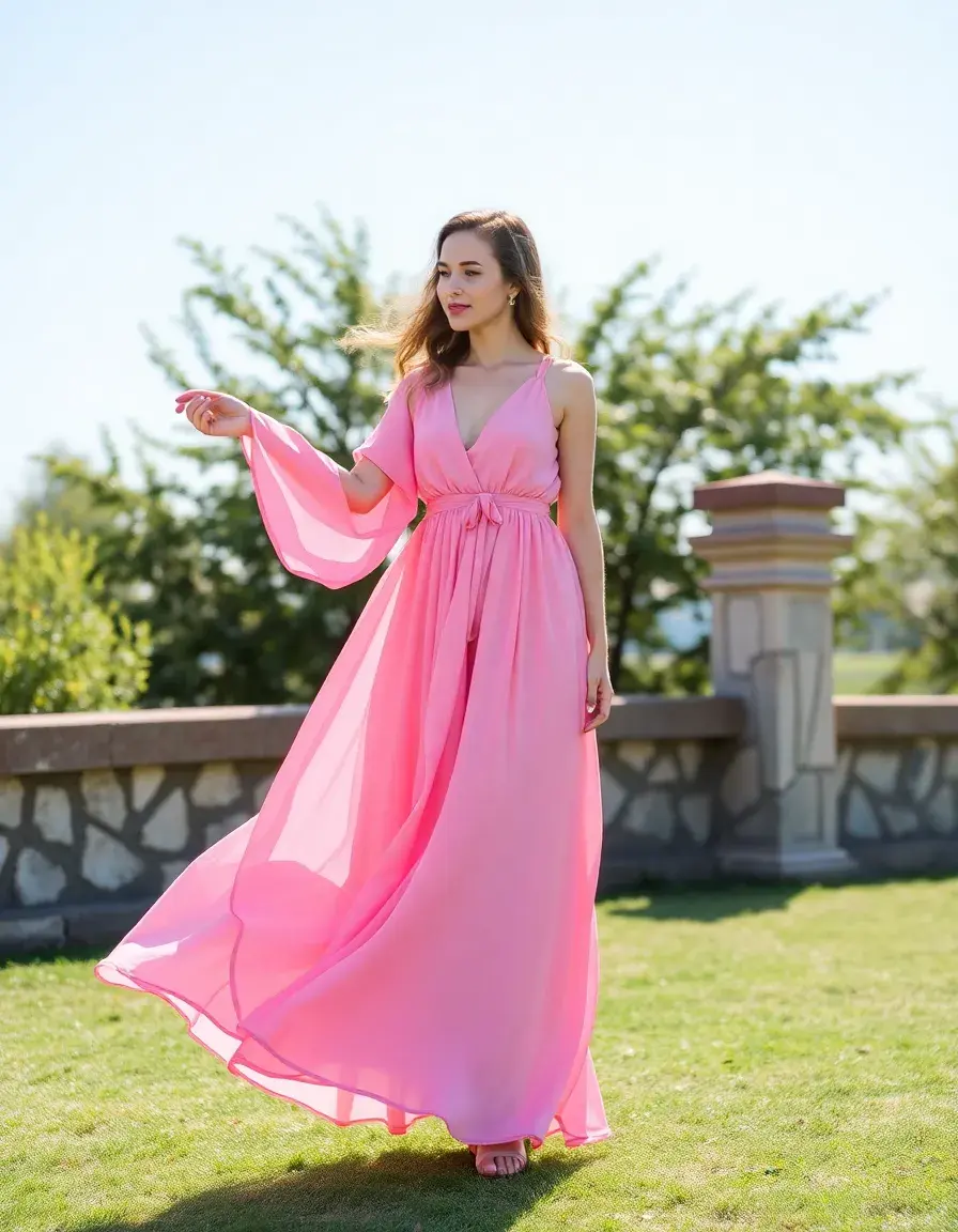 Robe longue rose en mousseline
