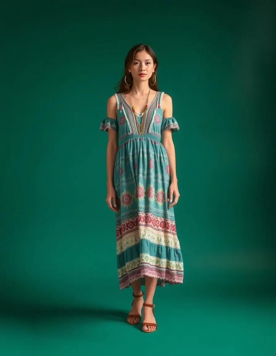 Robe midi style bohème motifs colorés