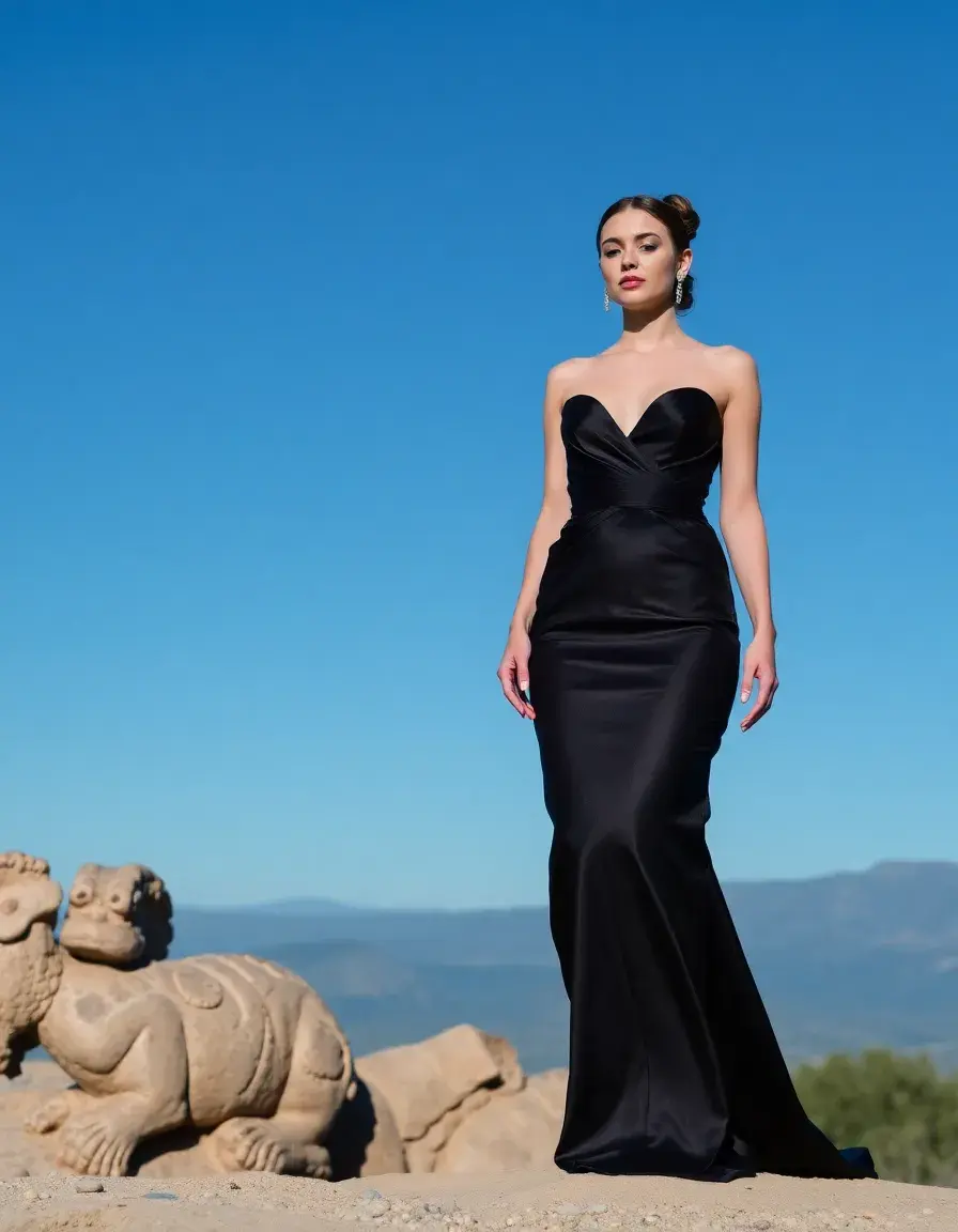Longue robe de soirée en satin noir fluide