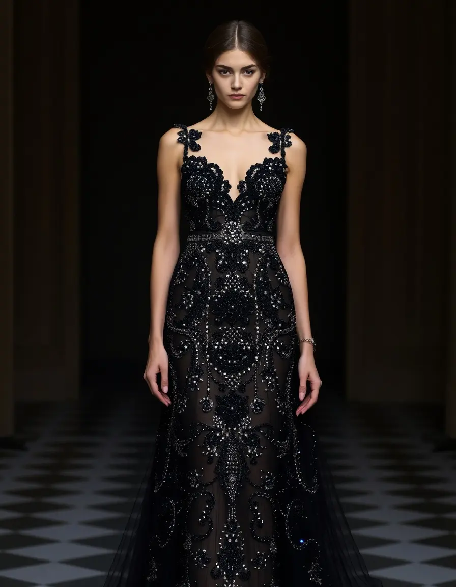 Robe noire de soirée perlée à la main