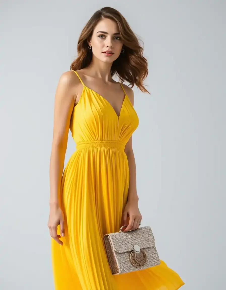 Robe jaune vif plissée style élégant