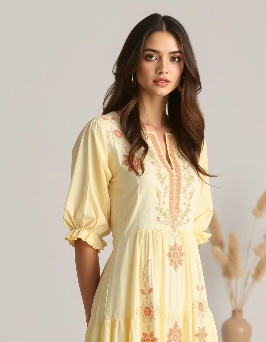 Robe jaune pâle brodée haut de gamme