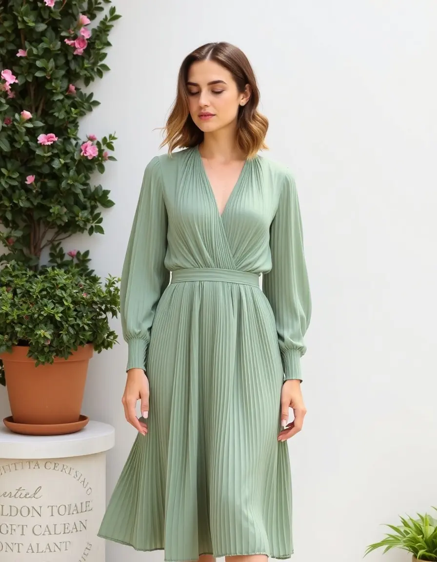 Robe midi vert sauge avec plis élégants