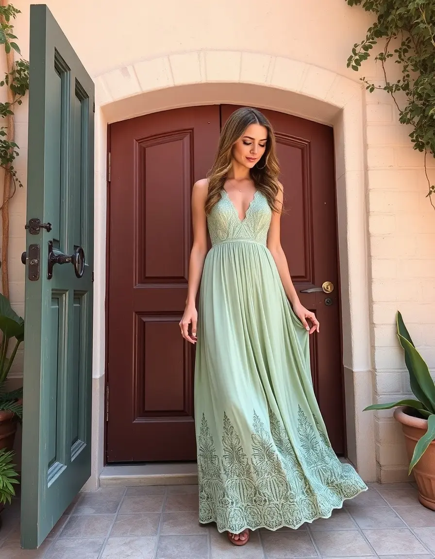Longue robe maxi vert sauge en dentelle