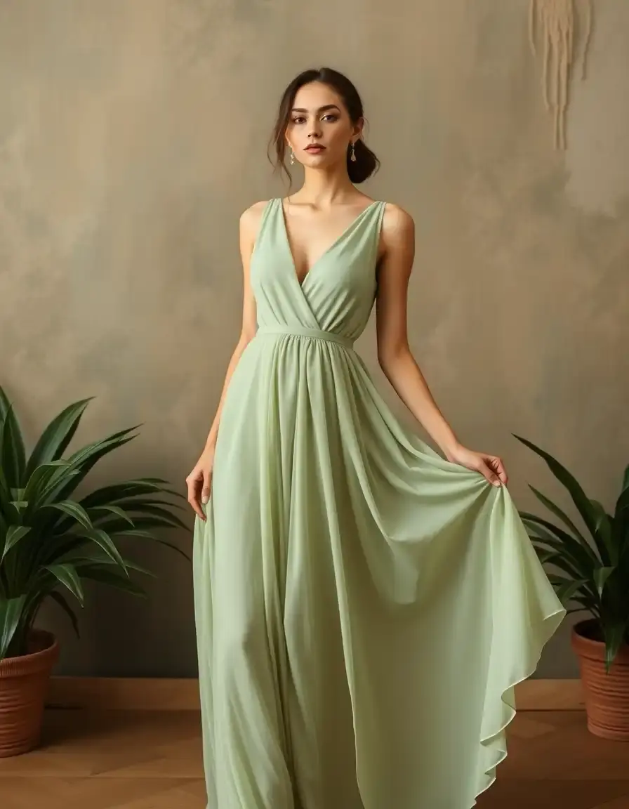 Robe vaporeuse en mousseline vert sauge