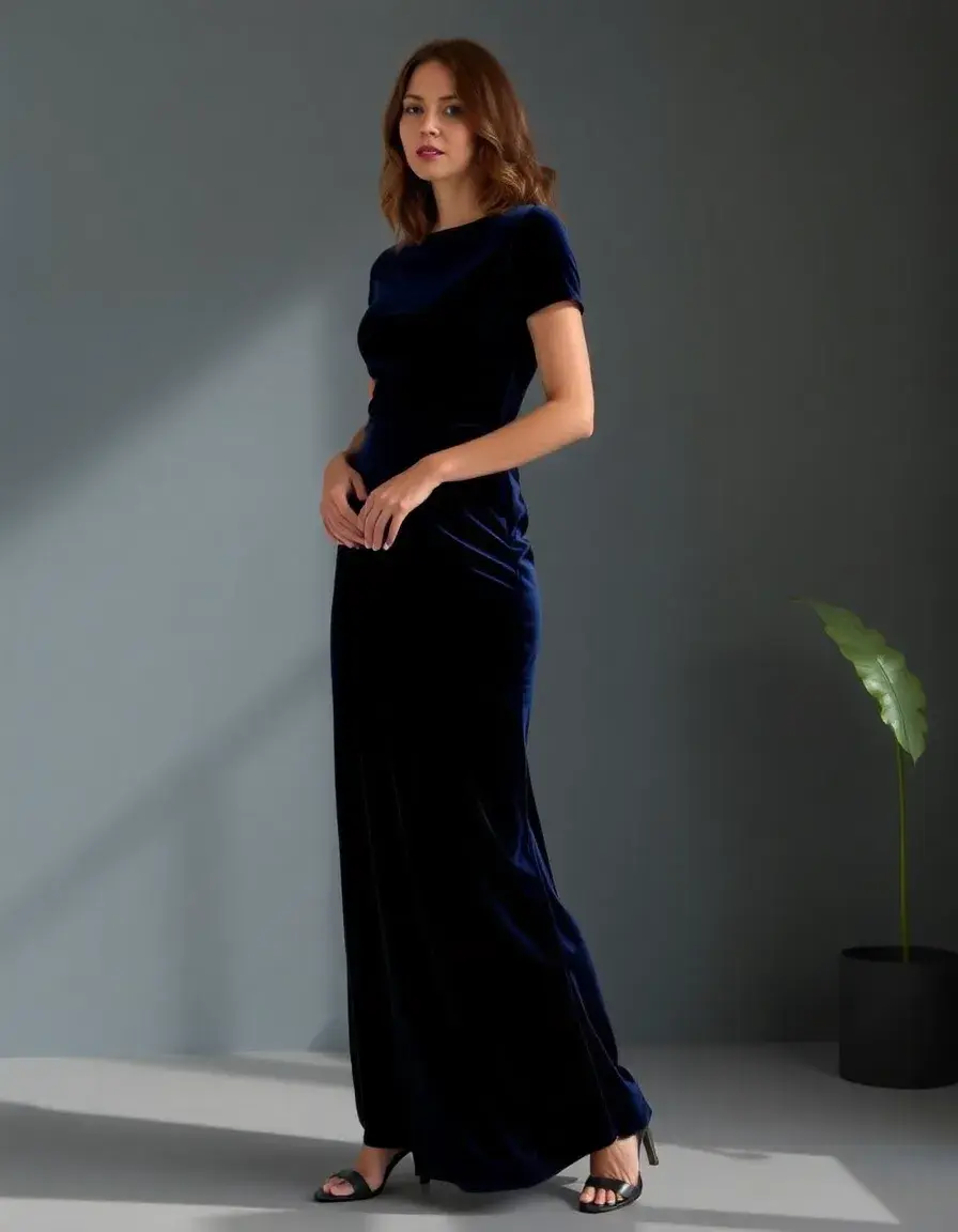 Robe velours bleu profond pour mariage