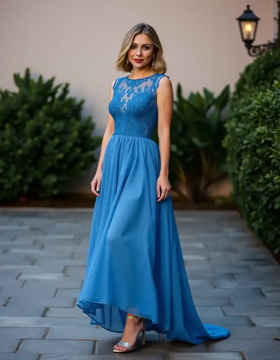 Robe de soirée chic bleue avec détails en dentelle