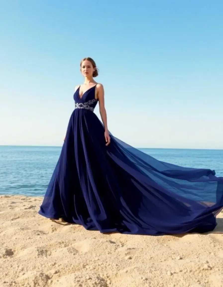 Robe de soirée mariage longue bleu marine fluide