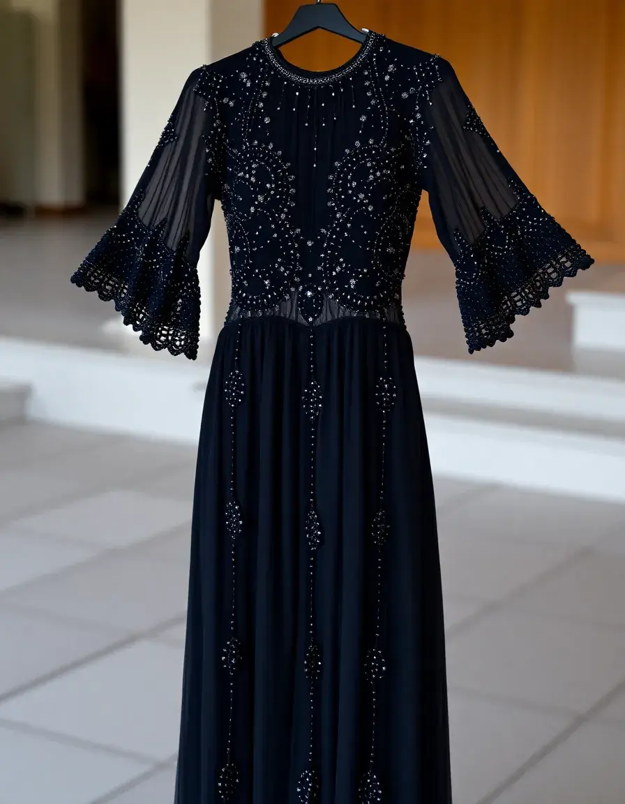 Robe longue noire perlée de soirée