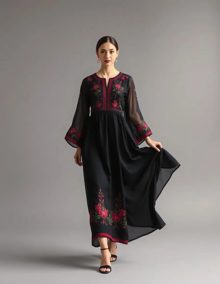 Robe longue noire brodée élégante