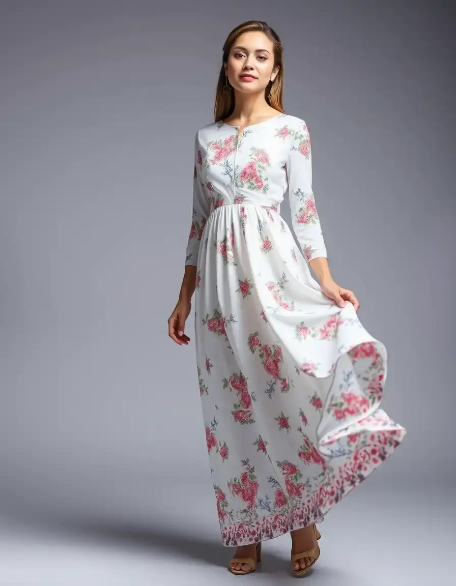 Robe blanche longue à imprimés