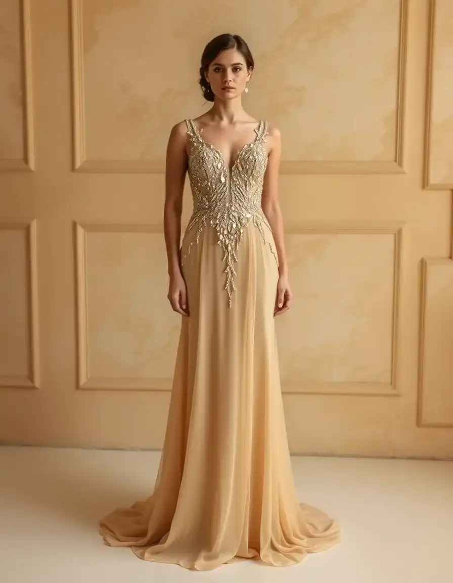 Robe de soirée perlée dorée