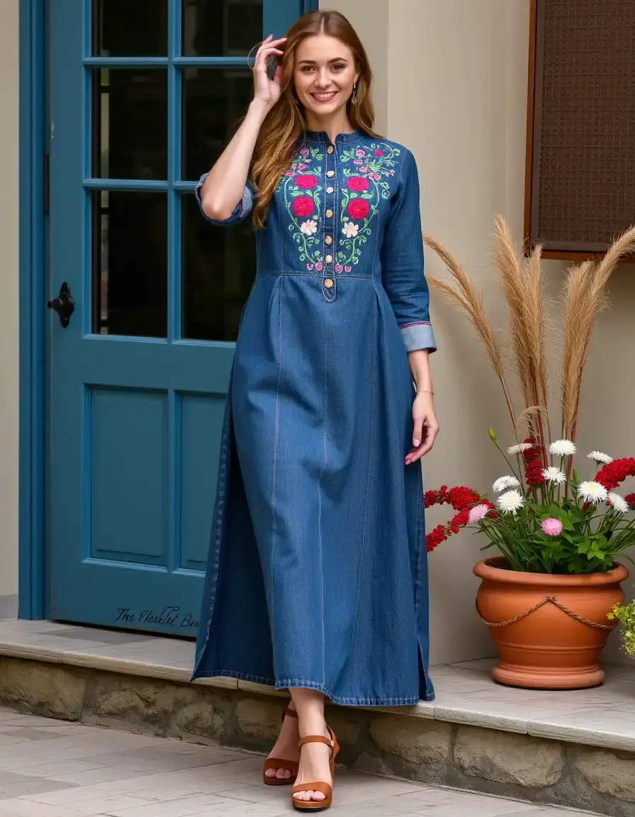 Robe en jean avec broderies fleurs