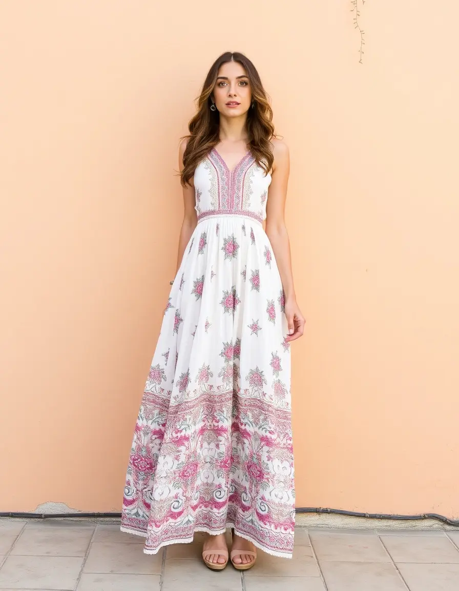 Printed Long White Dress - Robe longue blanche imprimée